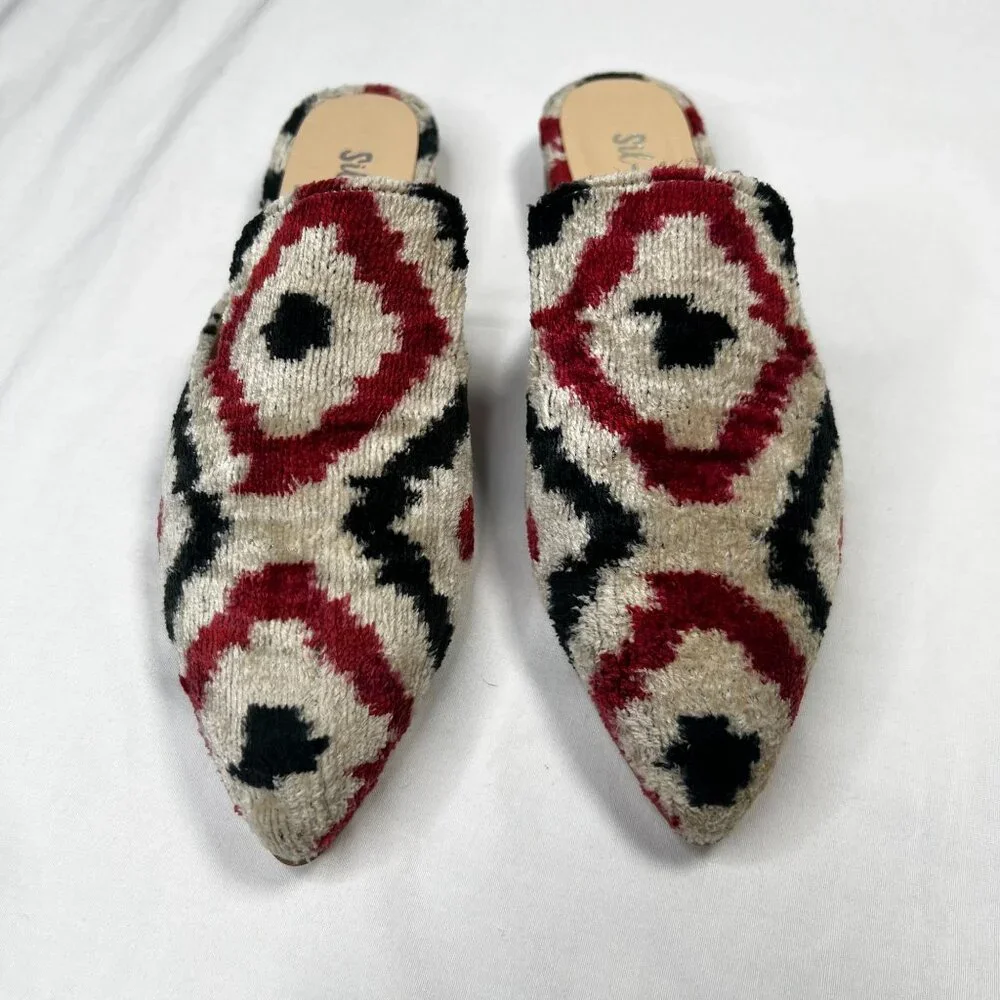 Sil-Russo Ikat Tapestry Mules Flats Slides Geometric Ivory Red Black 38 US 7-7.5 - Picture 6 of 10